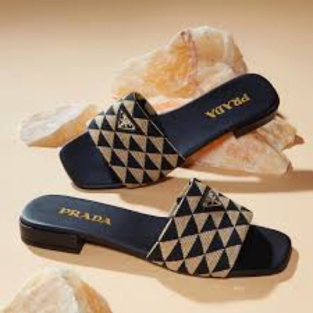 Prada Navy Blue & Beige Geometric Slide Sandals